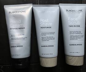 Blackstone Mens Grooming 605923630848 3x Lot Blackstone- Post Shave Hand Cream Face Scrub Moisturize Sandalwood 6oz