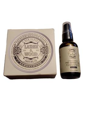 Lather & Wood Shaving Co. 313038133122 And Premium Soap 4.7 Oz Pre-shave Oil 2 Oz. Sandalwood New