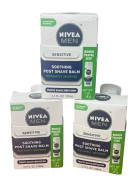 Nivea Men 072140032173 3x Sensitive Soothing Post Shave Balm 3.3 Oz And Bonus Travel Size Lot 3